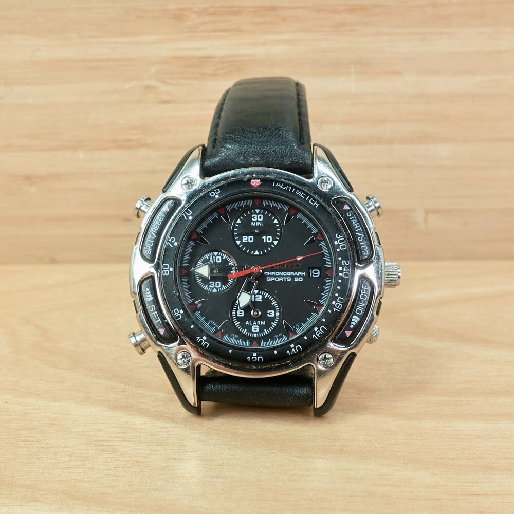 Seiko 7T32-6H99 Alarm Chronograph Watch Sports 50 Black Dial / Vintage 90s